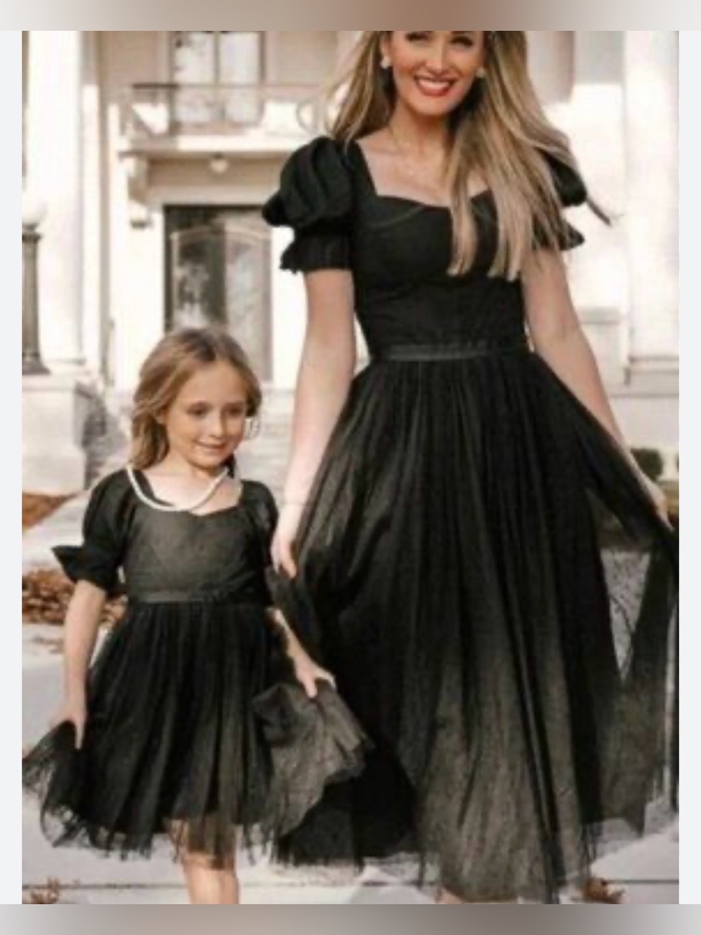 Mommy and mini Ivy City Co Black Midi Puff-Sleeve Tulle Dress